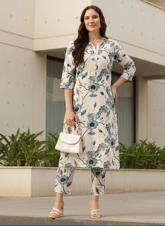 Blue Floral Printed Kurta With Trousers, Floral Printed Cotton Linen Tunic with Palazzos Co-Ords, Kurta Set, Kurti PlaPalazzo Set, Co-ord Set, Two Piece Set, Printed Co-ord Set