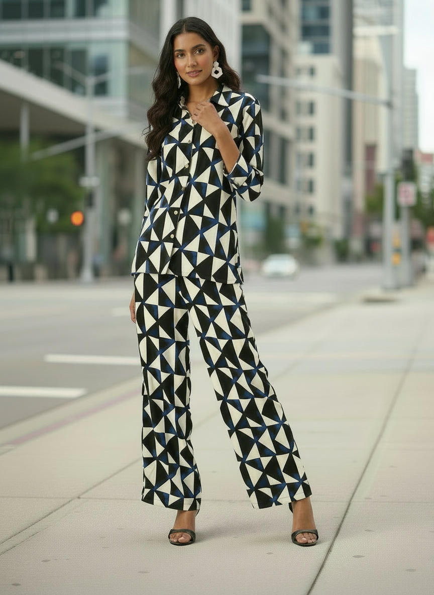 Beige & Blue Geometric Printed Shirt & Palazzos Co-Ords Set, beige color co-ords set, geometric printed set, printed co-ords, shirt and palazzo set, co-ord set, women’s co-ords, two piece set