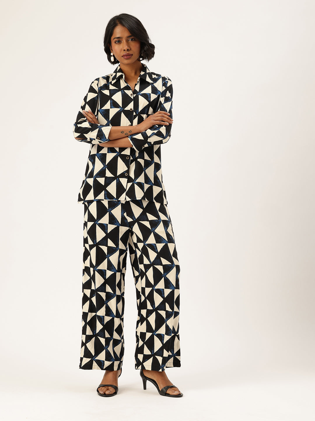 Beige & Blue Geometric Printed Shirt & Palazzos Co-Ords Set, beige color co-ords set, geometric printed set, printed co-ords, shirt and palazzo set, co-ord set, women’s co-ords, two piece set