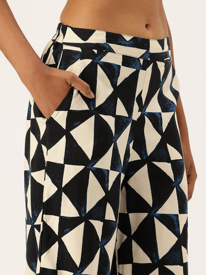 Beige & Blue Geometric Printed Shirt & Palazzos Co-Ords Set, beige color co-ords set, geometric printed set, printed co-ords, shirt and palazzo set, co-ord set, women’s co-ords, two piece set