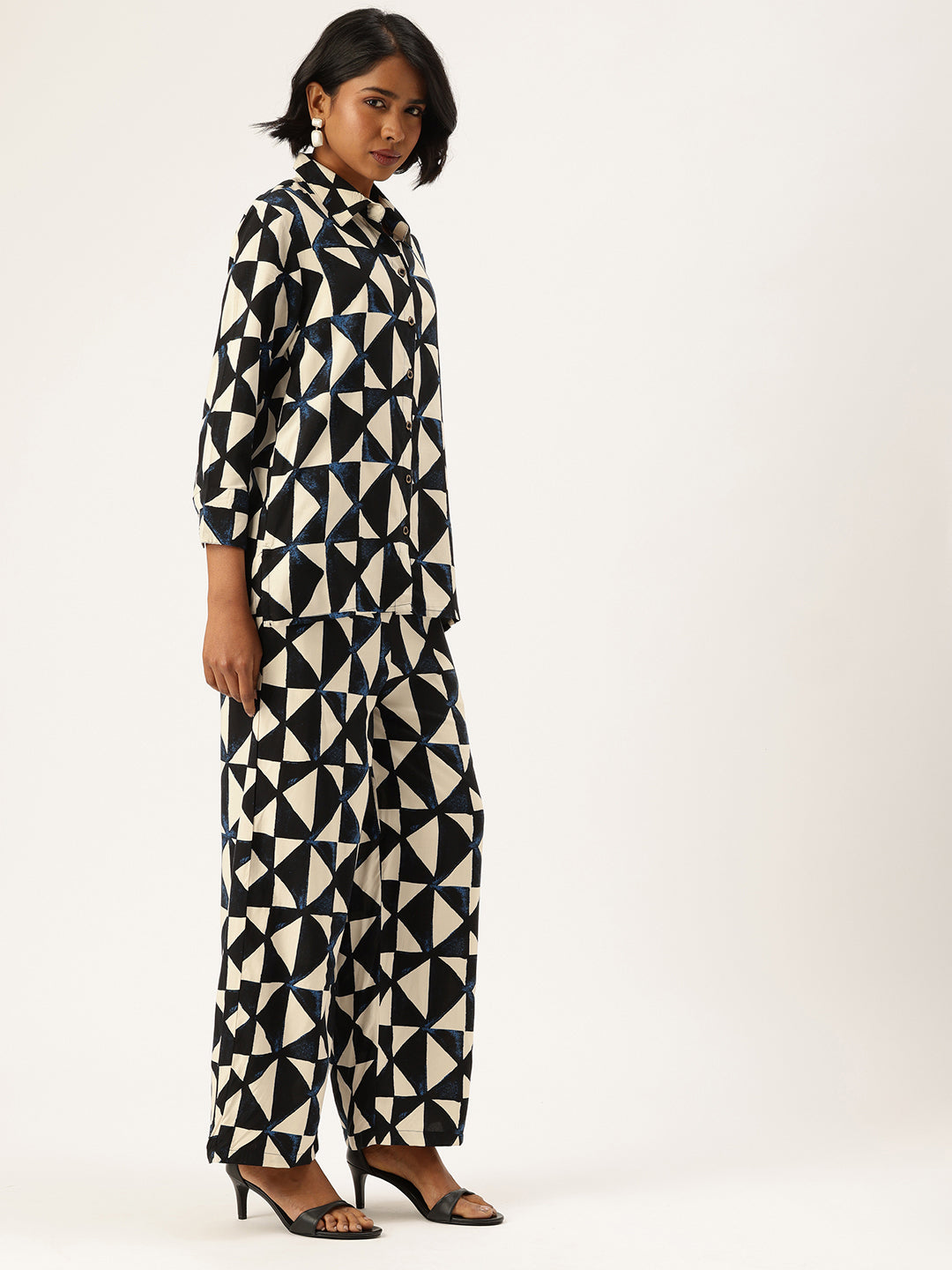 Beige & Blue Geometric Printed Shirt & Palazzos Co-Ords Set, beige color co-ords set, geometric printed set, printed co-ords, shirt and palazzo set, co-ord set, women’s co-ords, two piece set