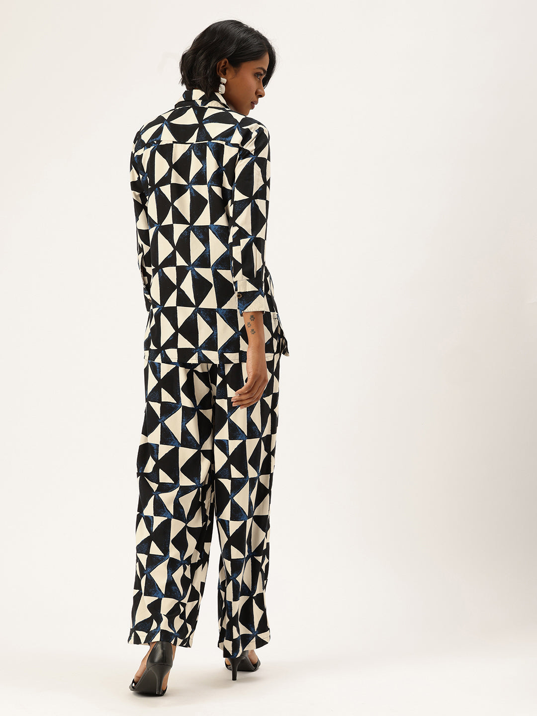 Beige & Blue Geometric Printed Shirt & Palazzos Co-Ords Set, beige color co-ords set, geometric printed set, printed co-ords, shirt and palazzo set, co-ord set, women’s co-ords, two piece set