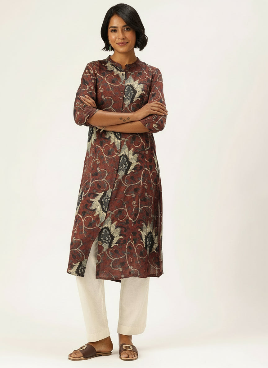 Beige & Brown Floral Printed Mandarin Collar A-Line Kurta, A-Line Kurta, Floral Printed Mandarin Collar kurta, printed kurta, A-line kurta