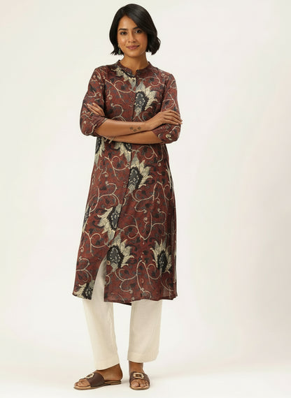 Beige & Brown Floral Printed Mandarin Collar A-Line Kurta, A-Line Kurta, Floral Printed Mandarin Collar kurta, printed kurta, A-line kurta