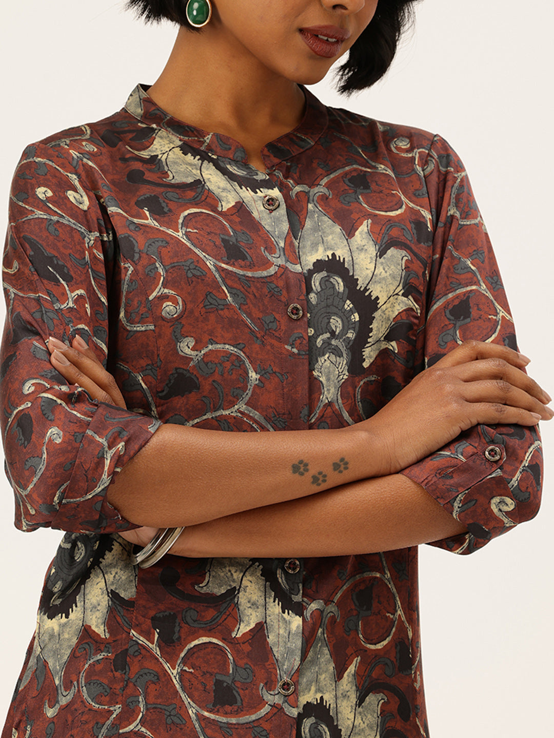 Beige & Brown Floral Printed Mandarin Collar A-Line Kurta, A-Line Kurta, Floral Printed Mandarin Collar kurta, printed kurta, A-line kurta
