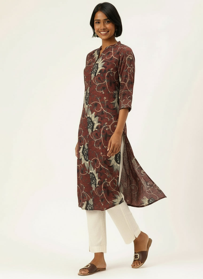 Beige & Brown Floral Printed Mandarin Collar A-Line Kurta, A-Line Kurta, Floral Printed Mandarin Collar kurta, printed kurta, A-line kurta