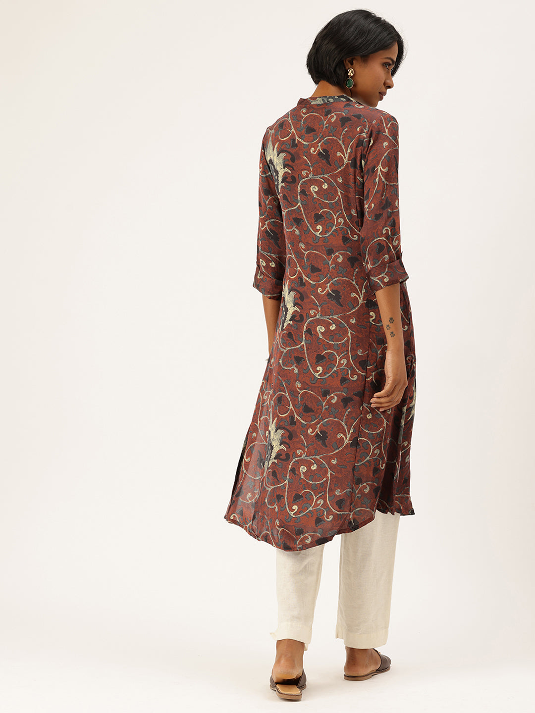 Beige & Brown Floral Printed Mandarin Collar A-Line Kurta, A-Line Kurta, Floral Printed Mandarin Collar kurta, printed kurta, A-line kurta