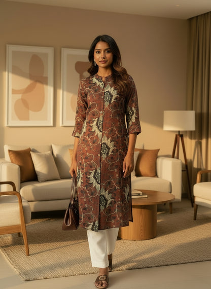 Beige & Brown Floral Printed Mandarin Collar A-Line Kurta, A-Line Kurta, Floral Printed Mandarin Collar kurta, printed kurta, A-line kurta