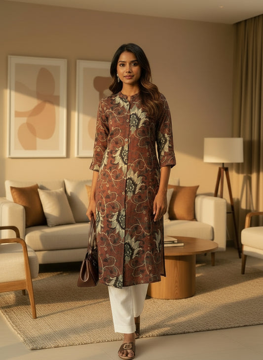 Beige & Brown Floral Printed Mandarin Collar A-Line Kurta, A-Line Kurta, Floral Printed Mandarin Collar kurta, printed kurta, A-line kurta