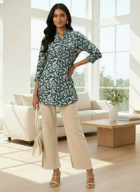 Blue Floral Printed Mandarin Collar Tunic, Floral Printed Tunic, printed tunic, mandarin collar Tunic, casual wear Tunic, women’s tunic, Office Wear Tunic