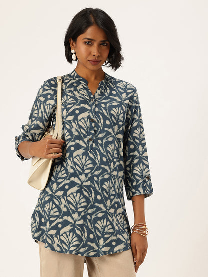 Blue Floral Printed Mandarin Collar Tunic, Floral Printed Tunic, printed tunic, mandarin collar Tunic, casual wear Tunic, women’s tunic, Office Wear Tunic