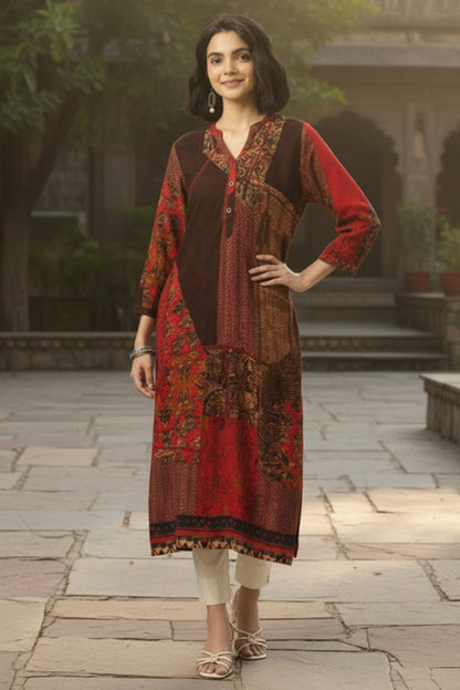 Red Printed Straight Kurta
