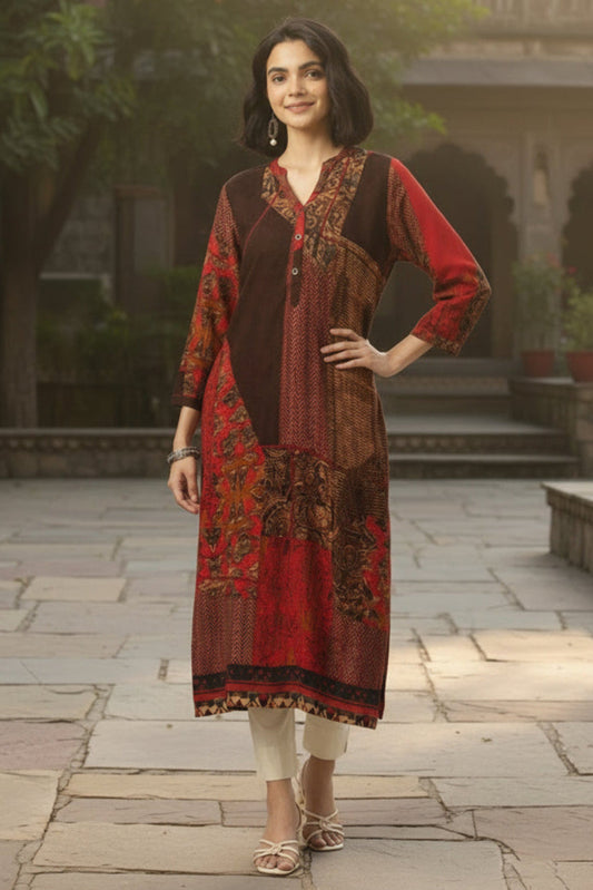 Red Printed Straight Kurta