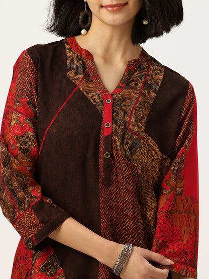 Red Printed Straight Kurta
