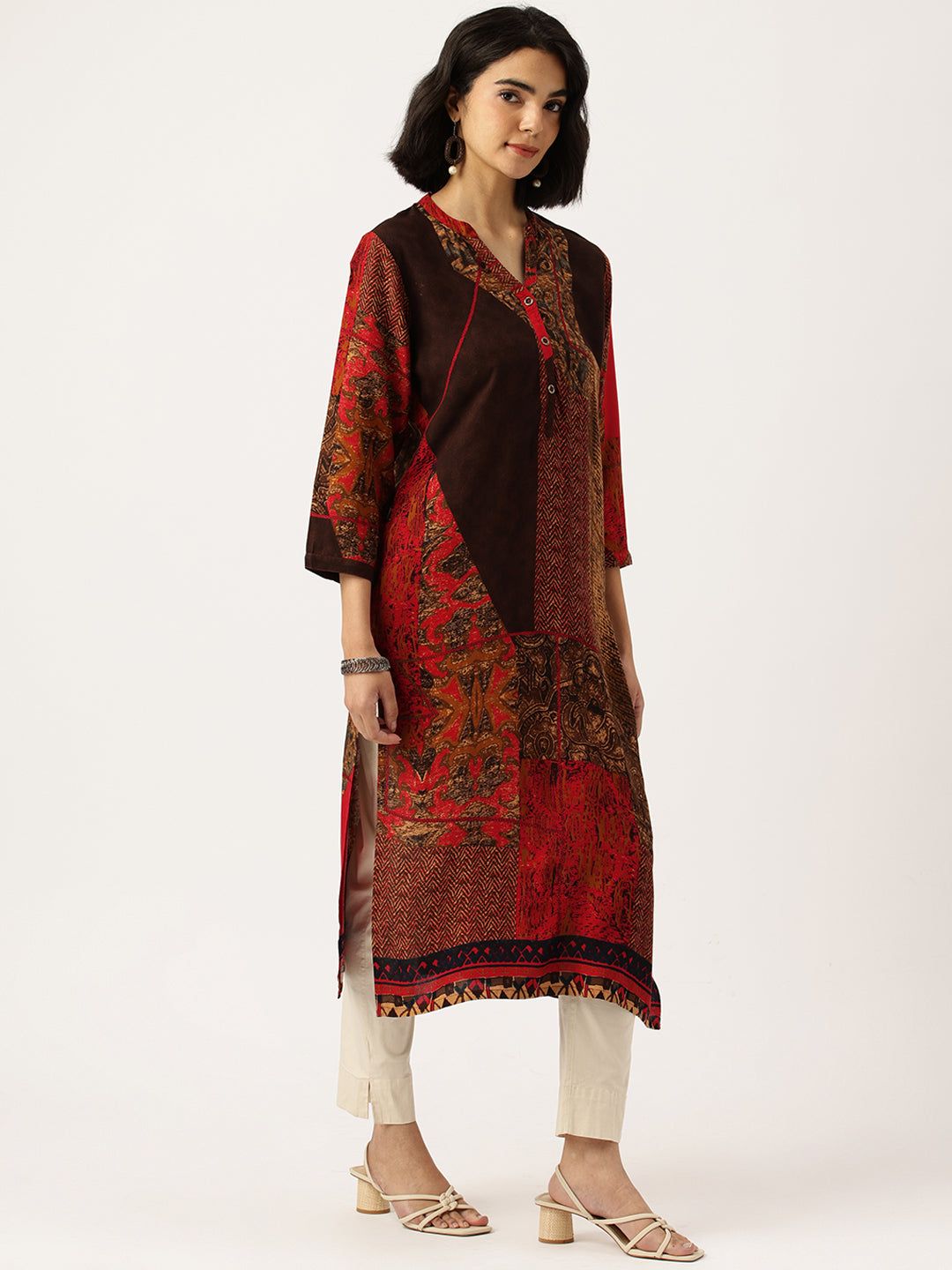 Red Printed Straight Kurta