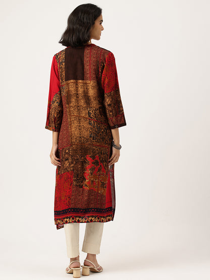 Red Printed Straight Kurta
