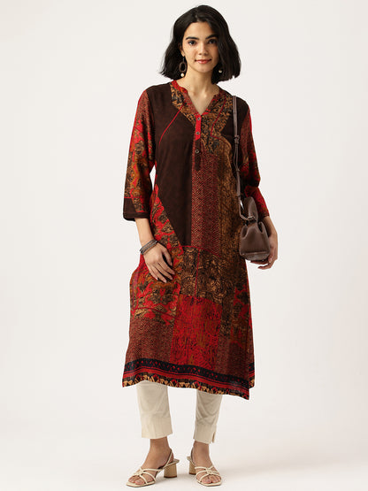 Red Printed Straight Kurta
