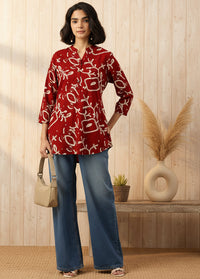 Red Printed Mandarin Collar Tunic