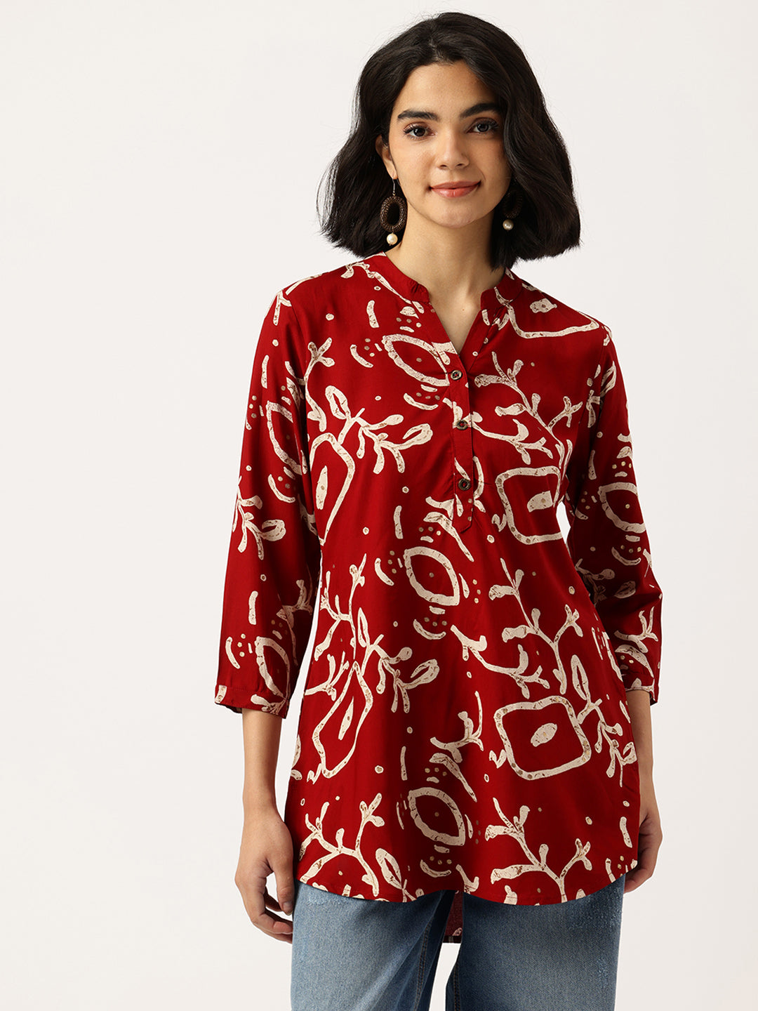 Red Printed Mandarin Collar Tunic