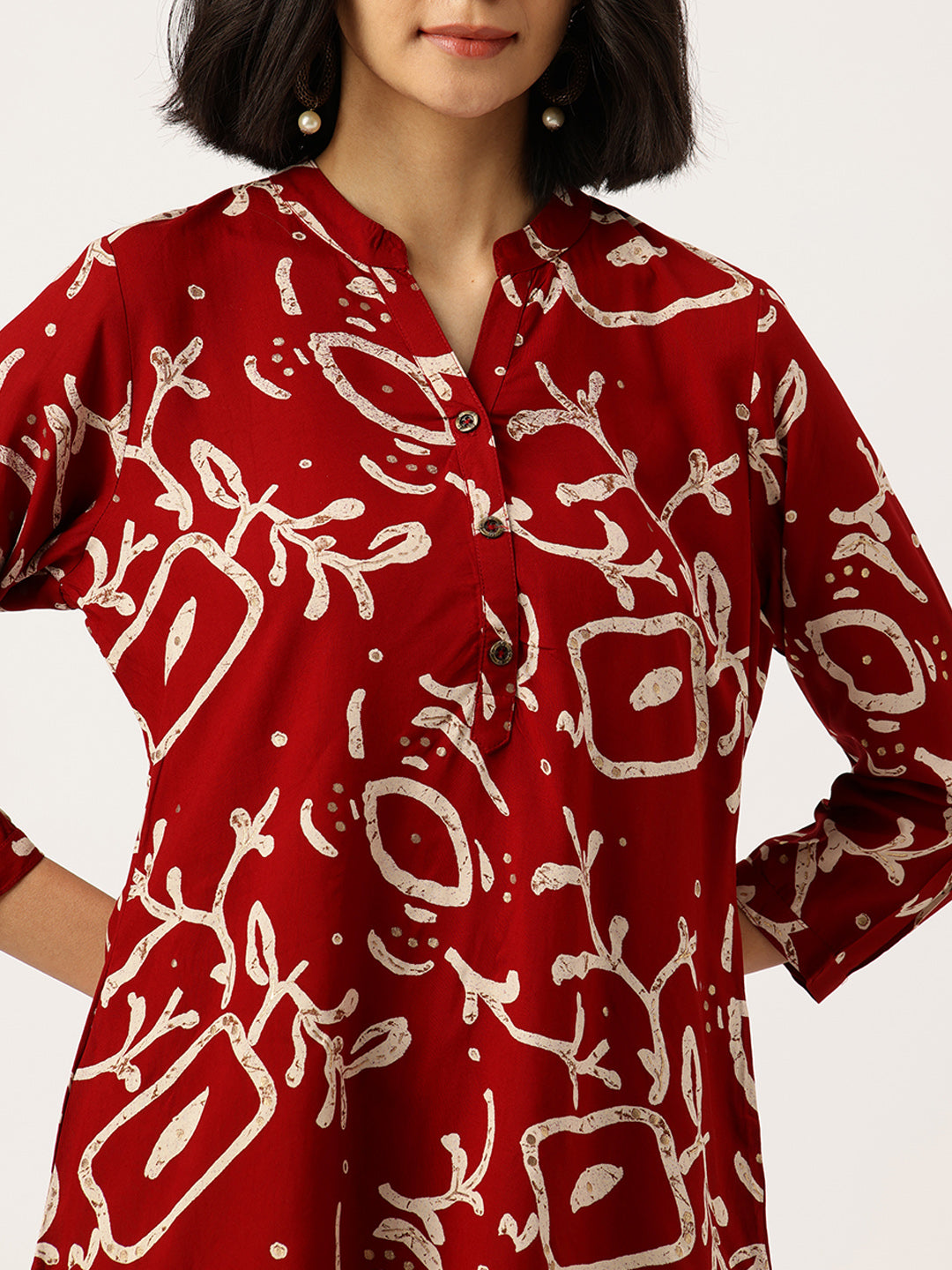 Red Printed Mandarin Collar Tunic