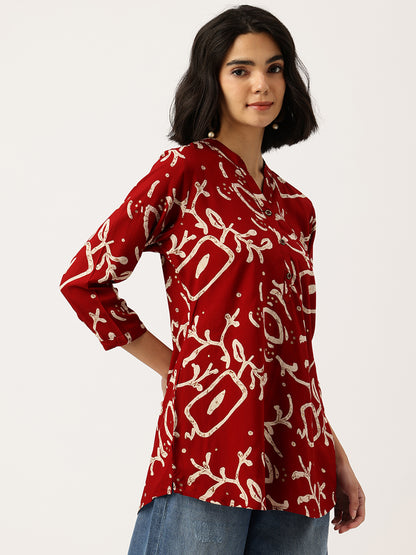Red Printed Mandarin Collar Tunic