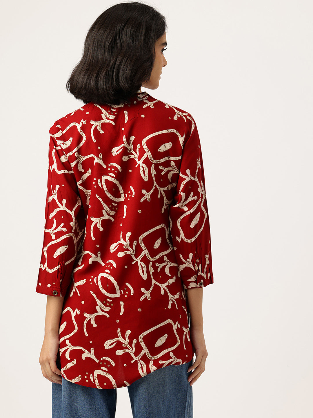 Red Printed Mandarin Collar Tunic