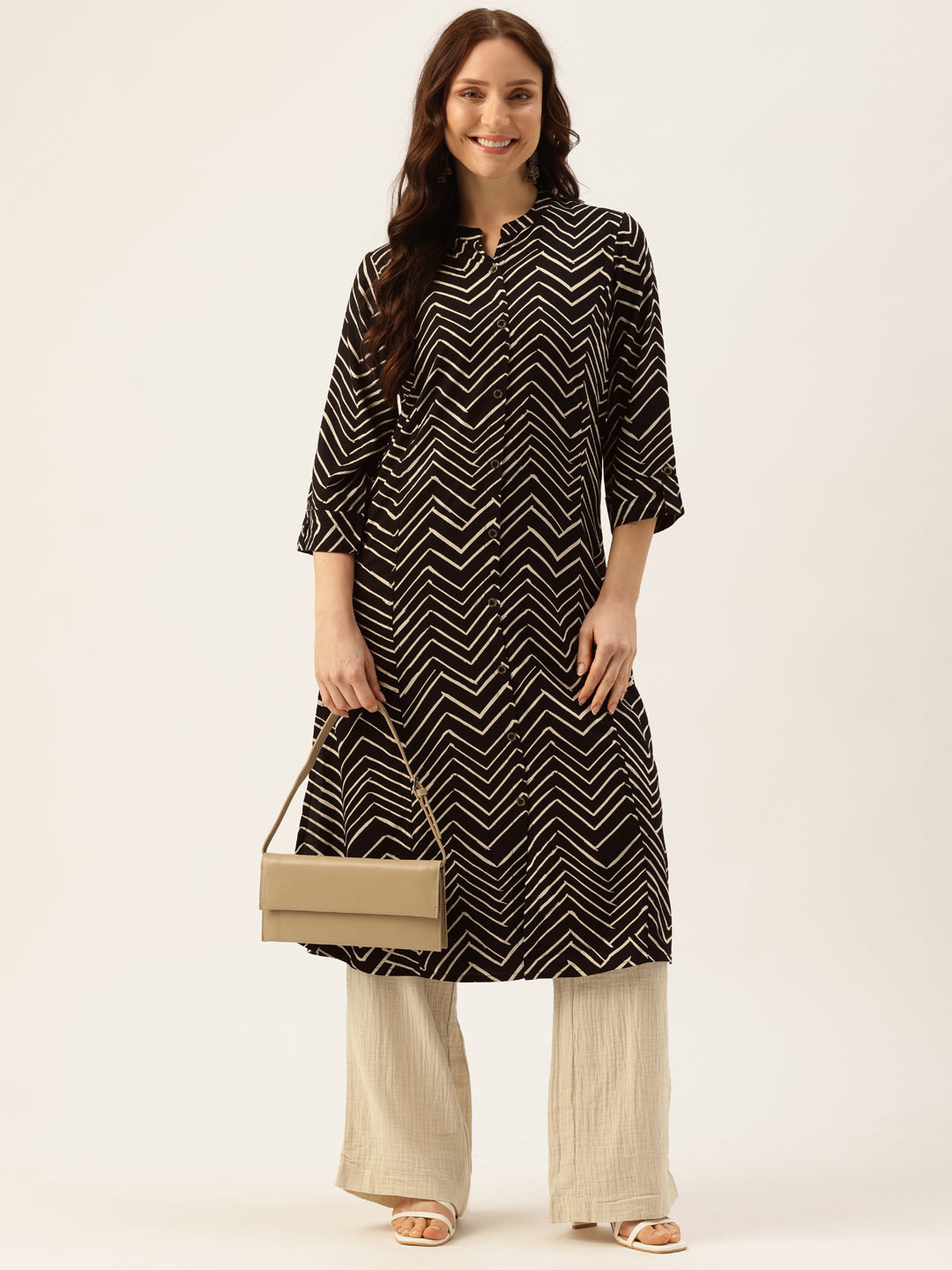 Black Zig-Zag Printed A-Line Kurta, Zig-Zag Printed Kurta, Office Wear Kurta, Black Printed kurta, Printed Kurta
