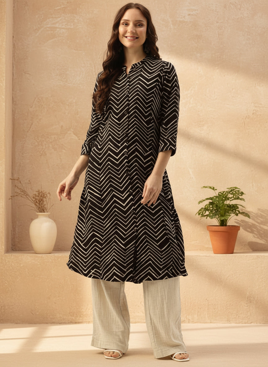 Black Zig-Zag Printed A-Line Kurta, Zig-Zag Printed Kurta, Office Wear Kurta, Black Printed kurta, Printed Kurta