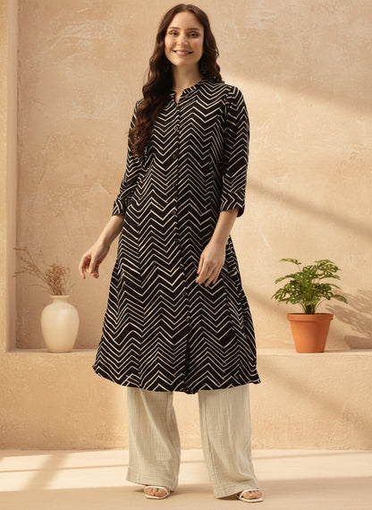 Black Zig-Zag Printed A-Line Kurta, Zig-Zag Printed Kurta, Office Wear Kurta, Black Printed kurta, Printed Kurta