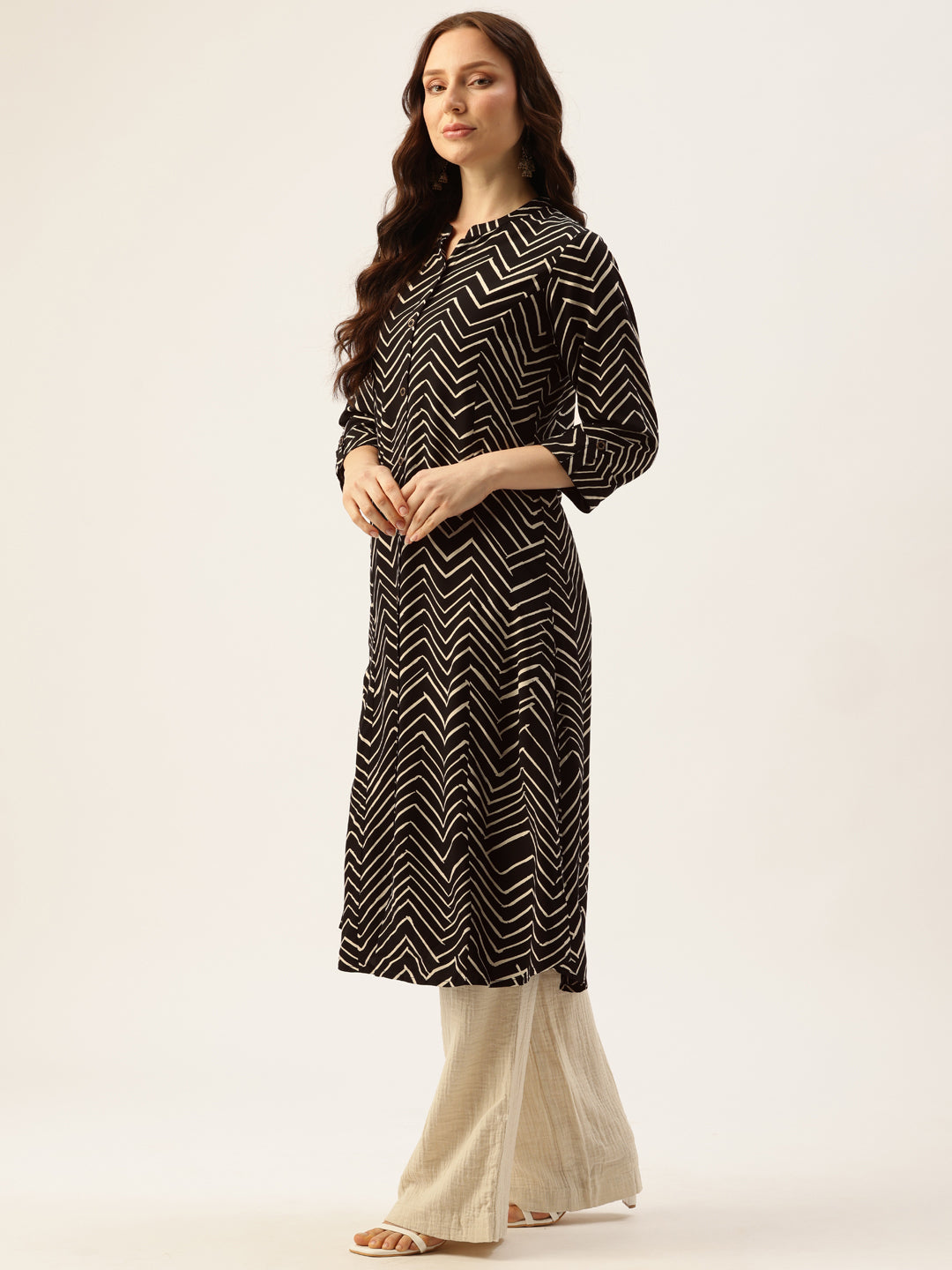 Black Zig-Zag Printed A-Line Kurta, Zig-Zag Printed Kurta, Office Wear Kurta, Black Printed kurta, Printed Kurta