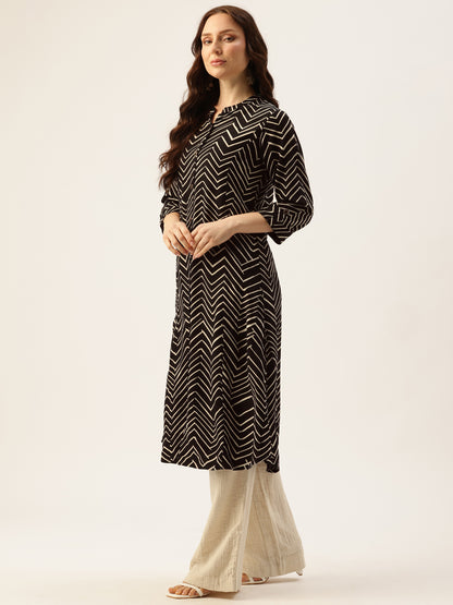 Black Zig-Zag Printed A-Line Kurta, Zig-Zag Printed Kurta, Office Wear Kurta, Black Printed kurta, Printed Kurta