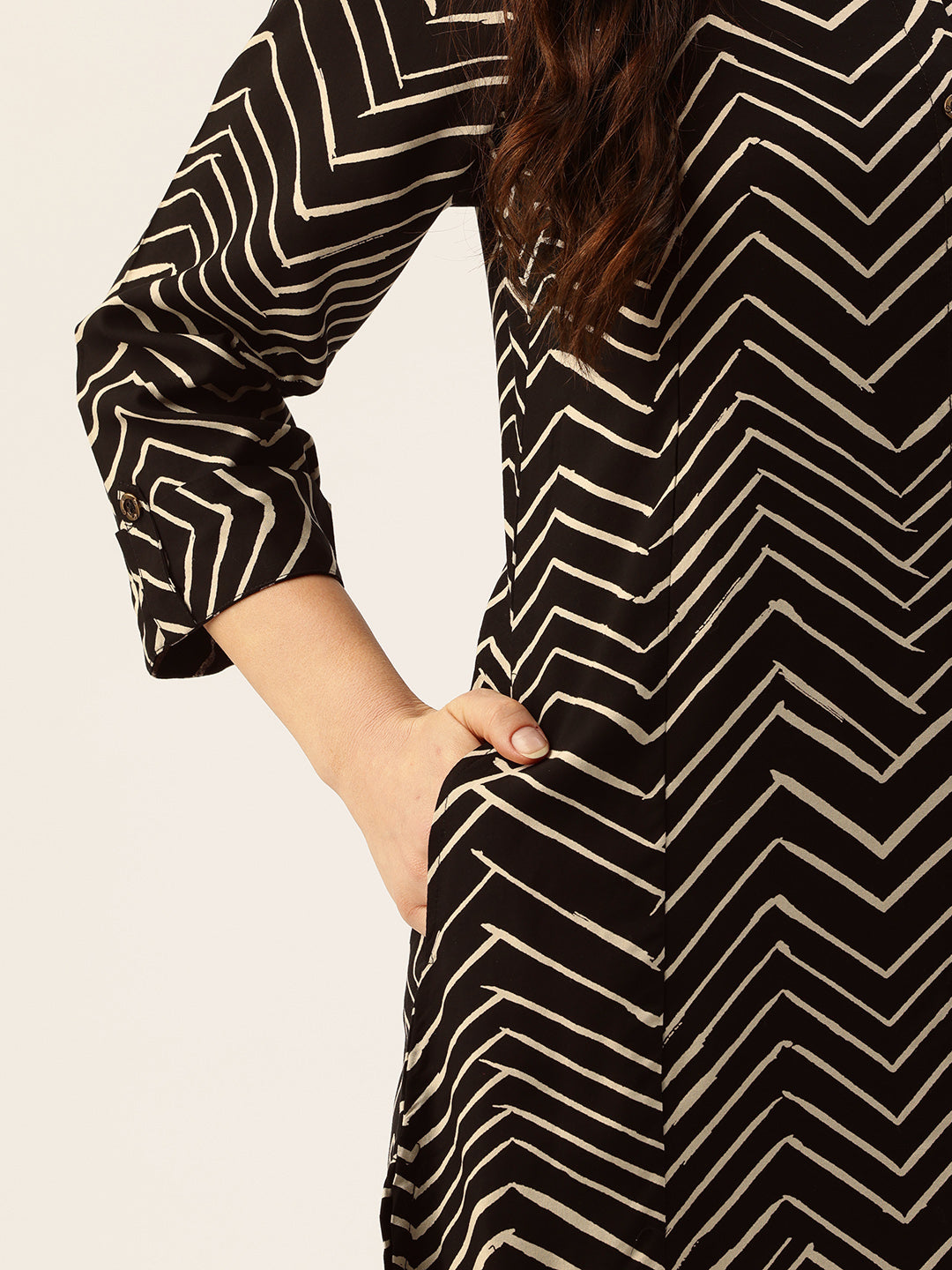 Black Zig-Zag Printed A-Line Kurta, Zig-Zag Printed Kurta, Office Wear Kurta, Black Printed kurta, Printed Kurta