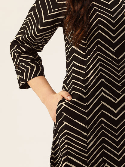 Black Zig-Zag Printed A-Line Kurta, Zig-Zag Printed Kurta, Office Wear Kurta, Black Printed kurta, Printed Kurta