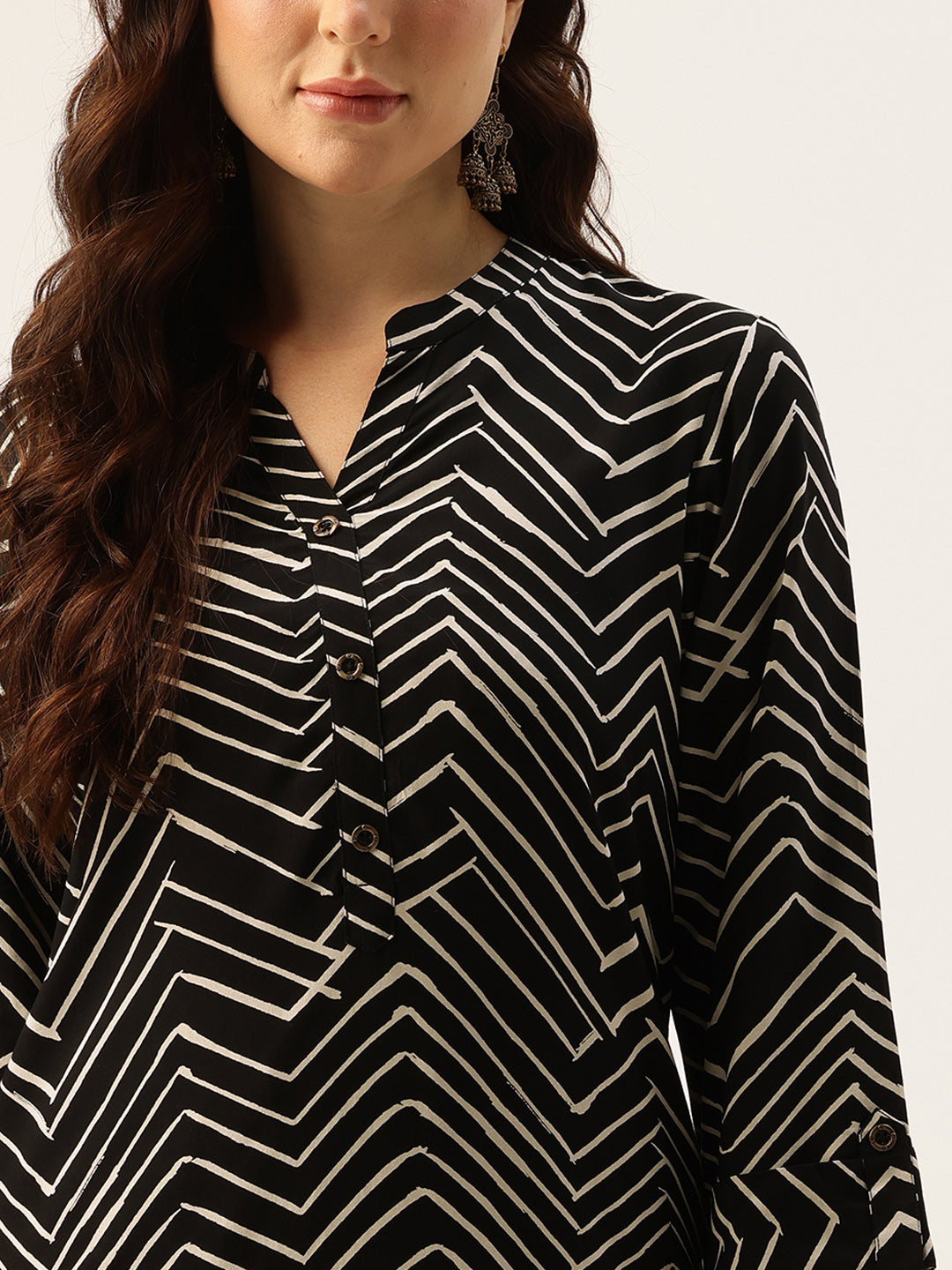 Black Zig-Zag Printed Mandarin Collar Tunic, Mandarin Collar Tunic, Printed Tunic, Short Kurti, Short top, Zig-Zag Printed Tunic