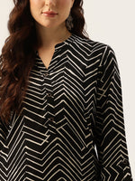 Black Zig-Zag Printed Mandarin Collar Tunic