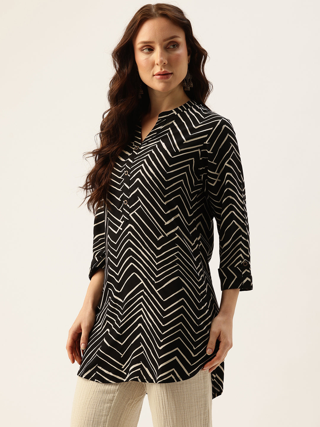 Black Zig-Zag Printed Mandarin Collar Tunic, Mandarin Collar Tunic, Printed Tunic, Short Kurti, Short top, Zig-Zag Printed Tunic