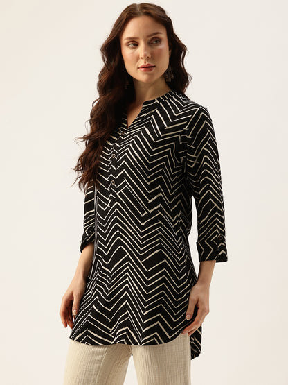 Black Zig-Zag Printed Mandarin Collar Tunic, Mandarin Collar Tunic, Printed Tunic, Short Kurti, Short top, Zig-Zag Printed Tunic