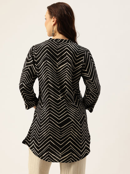 Black Zig-Zag Printed Mandarin Collar Tunic, Mandarin Collar Tunic, Printed Tunic, Short Kurti, Short top, Zig-Zag Printed Tunic