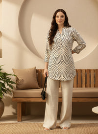 Cream Zig-Zag Printed Mandarin Collar Tunic, Mandarin Collar Tunic, Printed Tunic, Short Kurti, Short top, Zig-Zag Printed Tunic