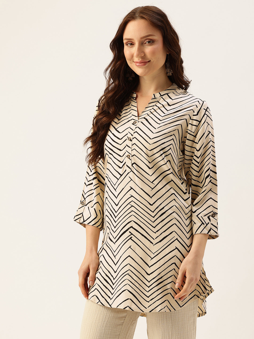 Cream Zig-Zag Printed Mandarin Collar Tunic, Mandarin Collar Tunic, Printed Tunic, Short Kurti, Short top, Zig-Zag Printed Tunic