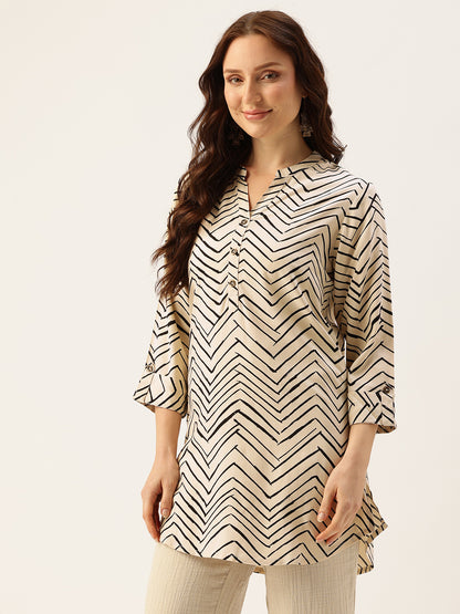 Cream Zig-Zag Printed Mandarin Collar Tunic, Mandarin Collar Tunic, Printed Tunic, Short Kurti, Short top, Zig-Zag Printed Tunic