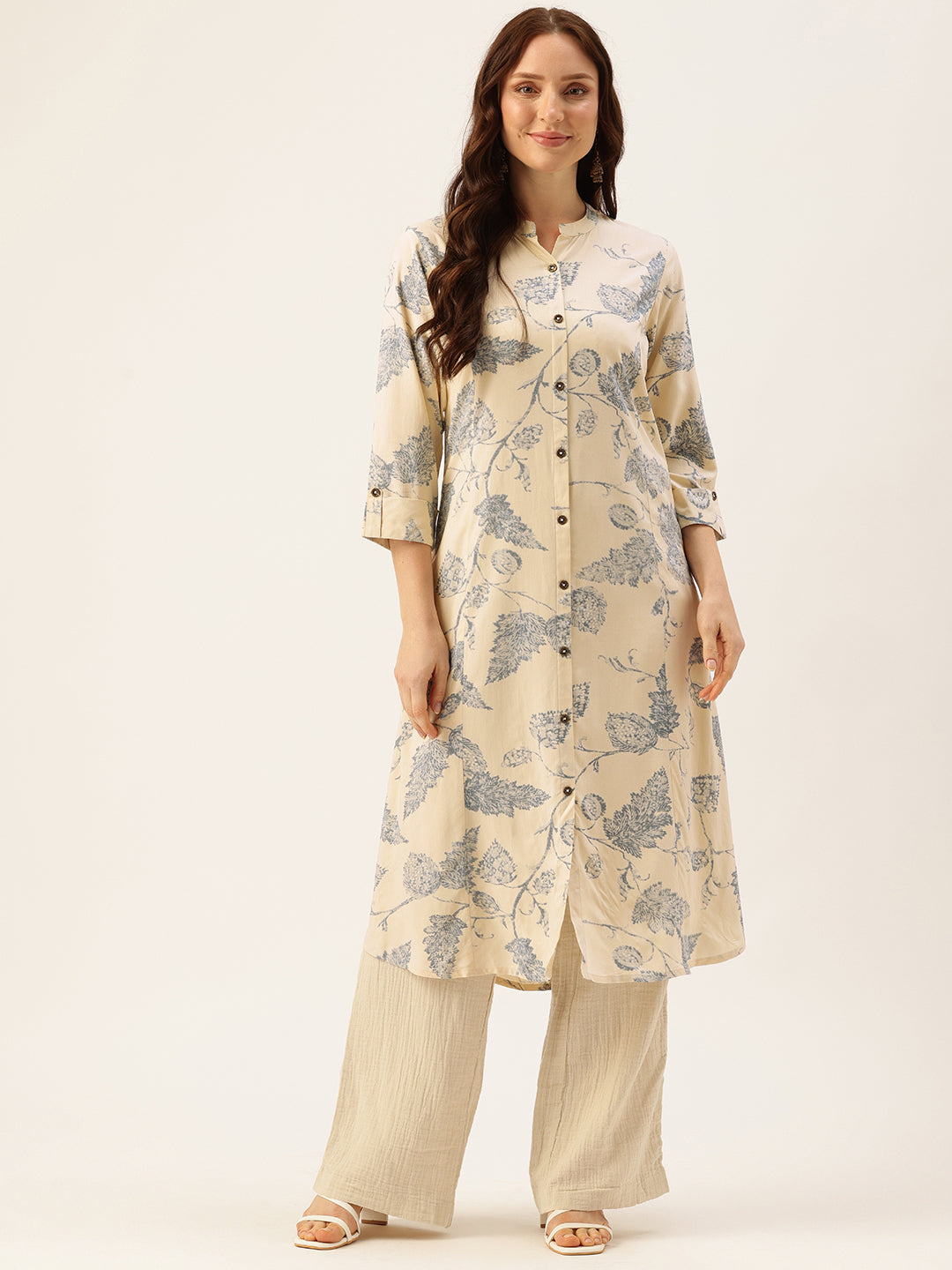 Beige Floral Printed Mandarin Collar Kurta, Floral printed Kurta, Beige Color Kurta, A-Line Kurta, Office Wear Kurta, Printed Kurta