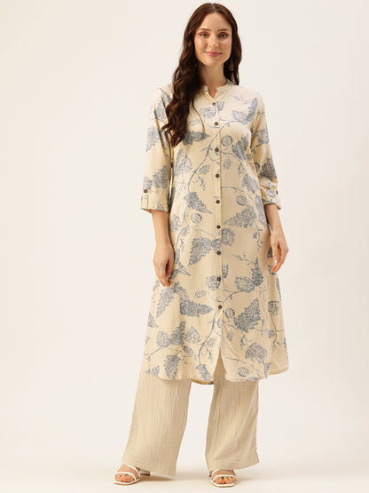 Beige Floral Printed Mandarin Collar Kurta, Floral printed Kurta, Beige Color Kurta, A-Line Kurta, Office Wear Kurta, Printed Kurta