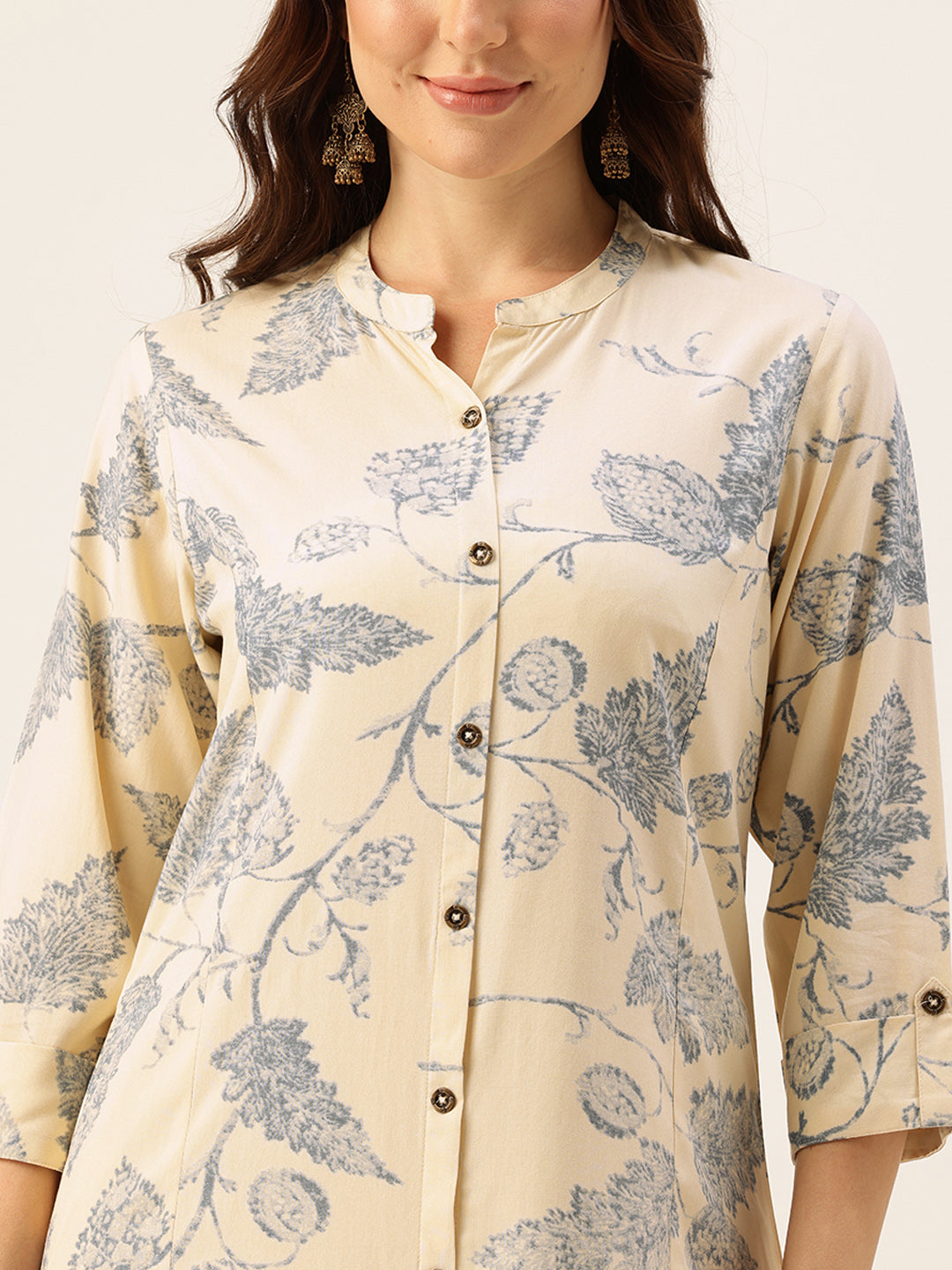 Beige Floral Printed Mandarin Collar Kurta, Floral printed Kurta, Beige Color Kurta, A-Line Kurta, Office Wear Kurta, Printed Kurta