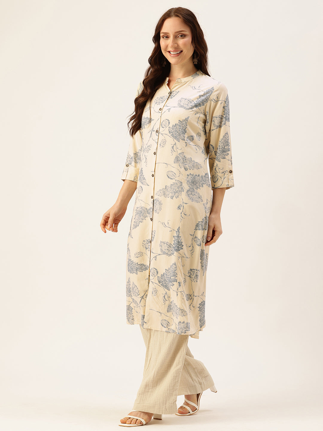 Beige Floral Printed Mandarin Collar Kurta, Floral printed Kurta, Beige Color Kurta, A-Line Kurta, Office Wear Kurta, Printed Kurta