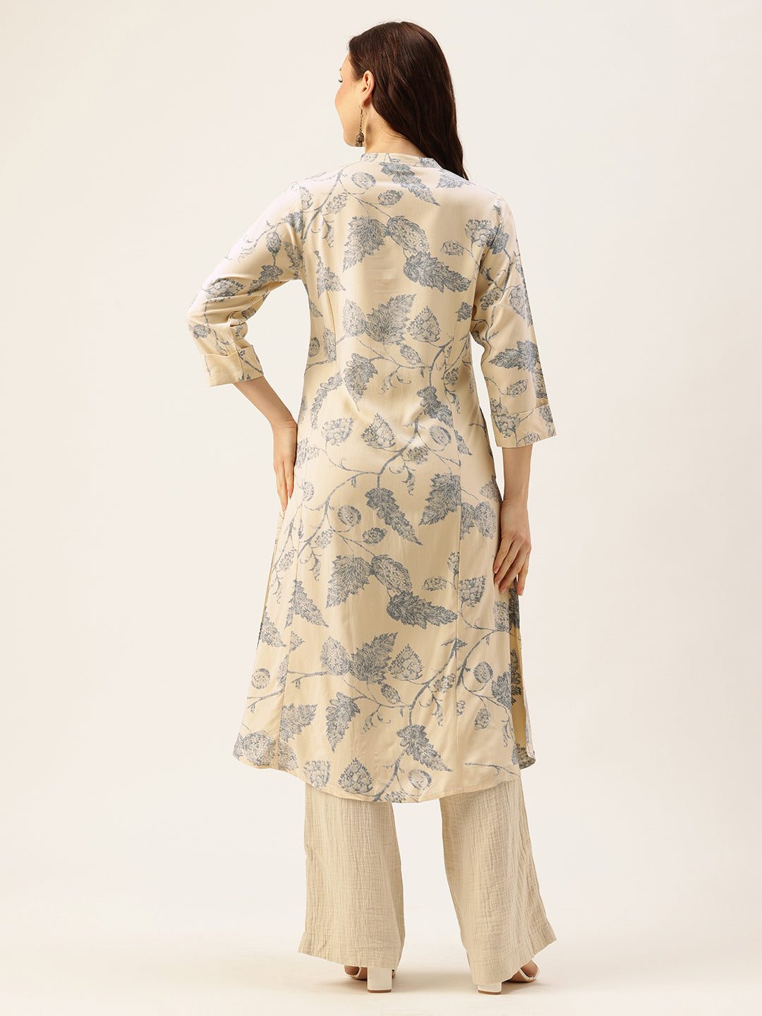 Beige Floral Printed Mandarin Collar Kurta, Floral printed Kurta, Beige Color Kurta, A-Line Kurta, Office Wear Kurta, Printed Kurta