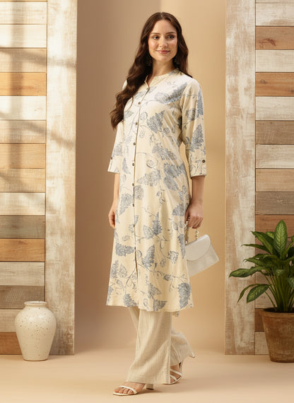 Beige Floral Printed Mandarin Collar Kurta, Floral printed Kurta, Beige Color Kurta, A-Line Kurta, Office Wear Kurta, Printed Kurta