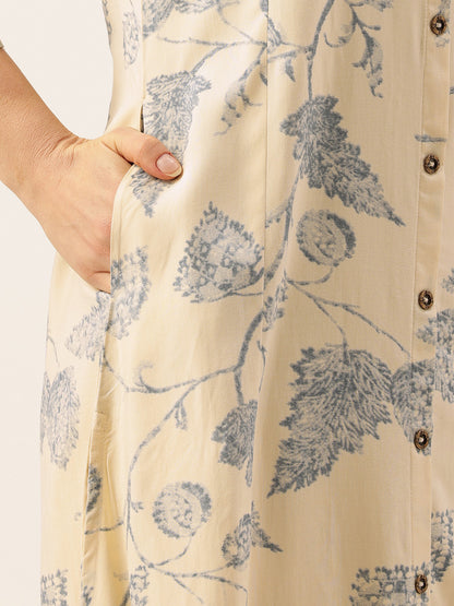 Beige Floral Printed Mandarin Collar Kurta, Floral printed Kurta, Beige Color Kurta, A-Line Kurta, Office Wear Kurta, Printed Kurta