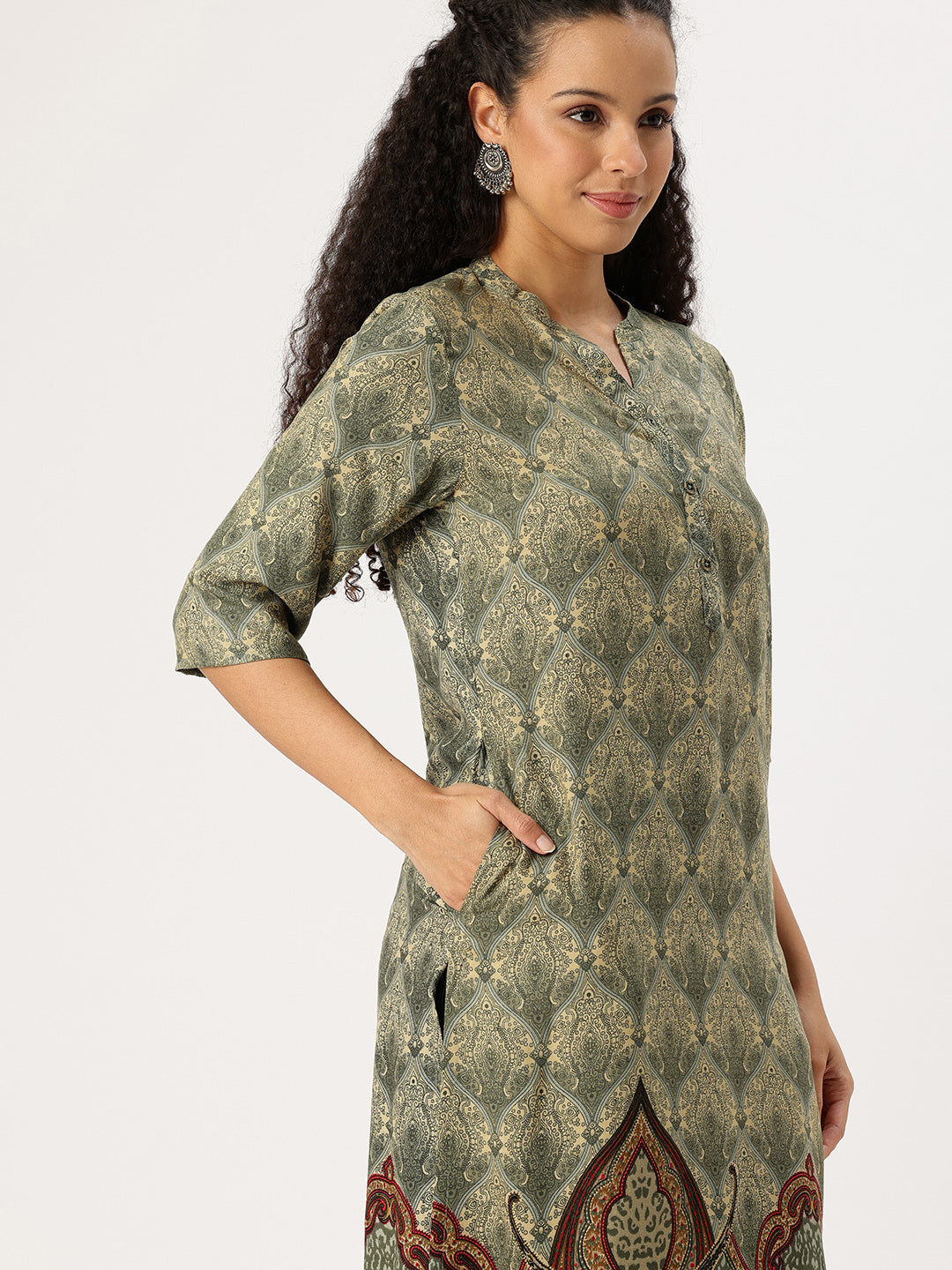 Grey Ethnic Motifs Printed Mandarin Collar Straight Kurta
