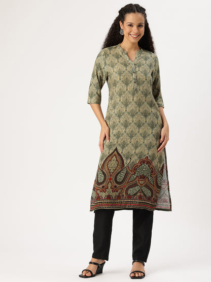 Grey Ethnic Motifs Printed Mandarin Collar Straight Kurta